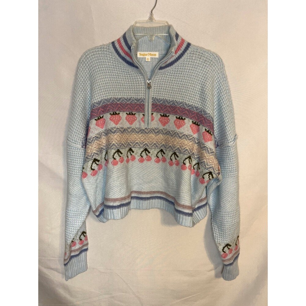 Sugar Moon Women's Sky Blue Strawberry Cherry Fair Isle Half Zip Sweater Size XL